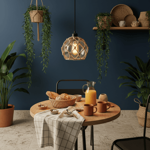 A cozy dining setup featuring the Constantia Rope Pendant Light above a round wooden table with breakfast items.