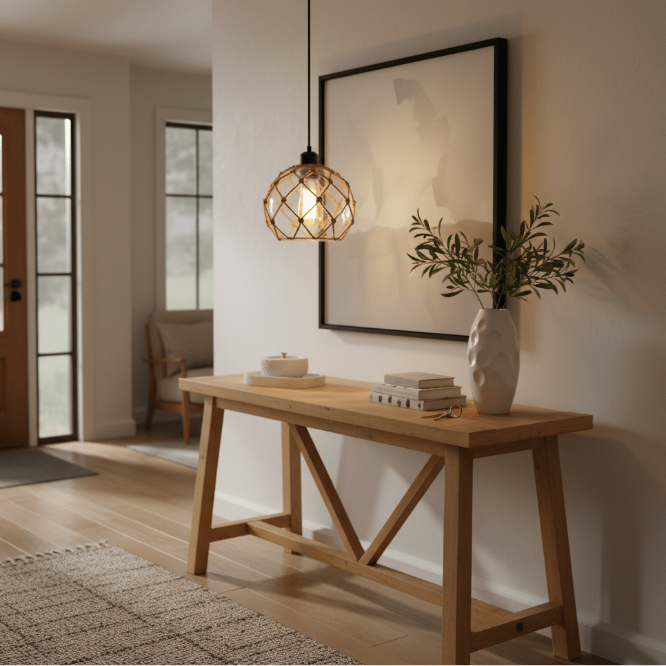 Stylish Constantia Rope Pendant Light hanging above a wooden console table with decor items.