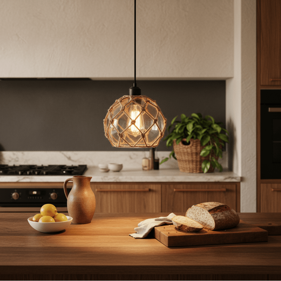 A rustic pendant light with a rope detail hangs above a wooden kitchen table with bread and lemons.