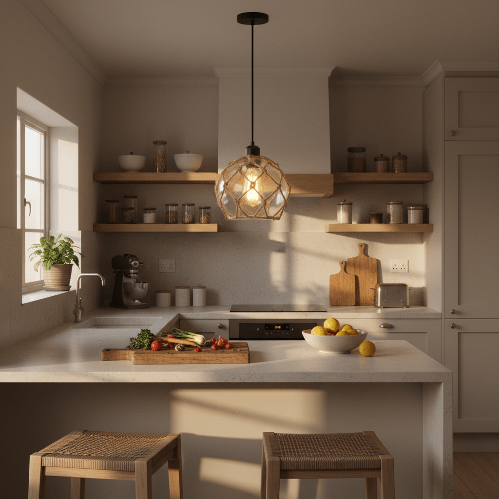 A kitchen scene featuring the Constantia Rope Pendant Light hanging above a countertop with fresh vegetables and fruits.