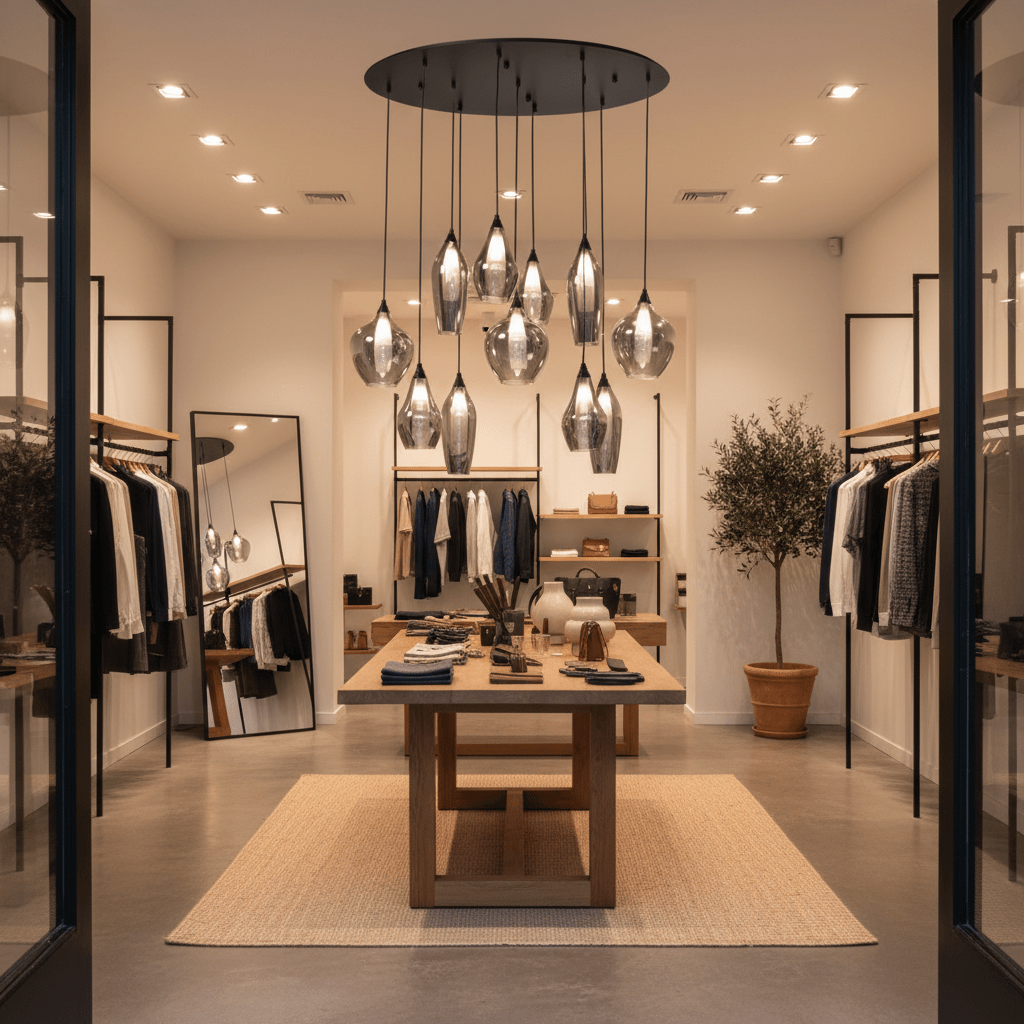 Hailo 11 Light Smoke Glass Pendant illuminating a stylish retail space with a wooden table and clothing displays.