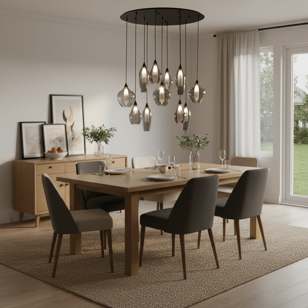 Stylish dining room featuring the Hailo 11 Light Smoke Glass Pendant above a wooden table with elegant settings.