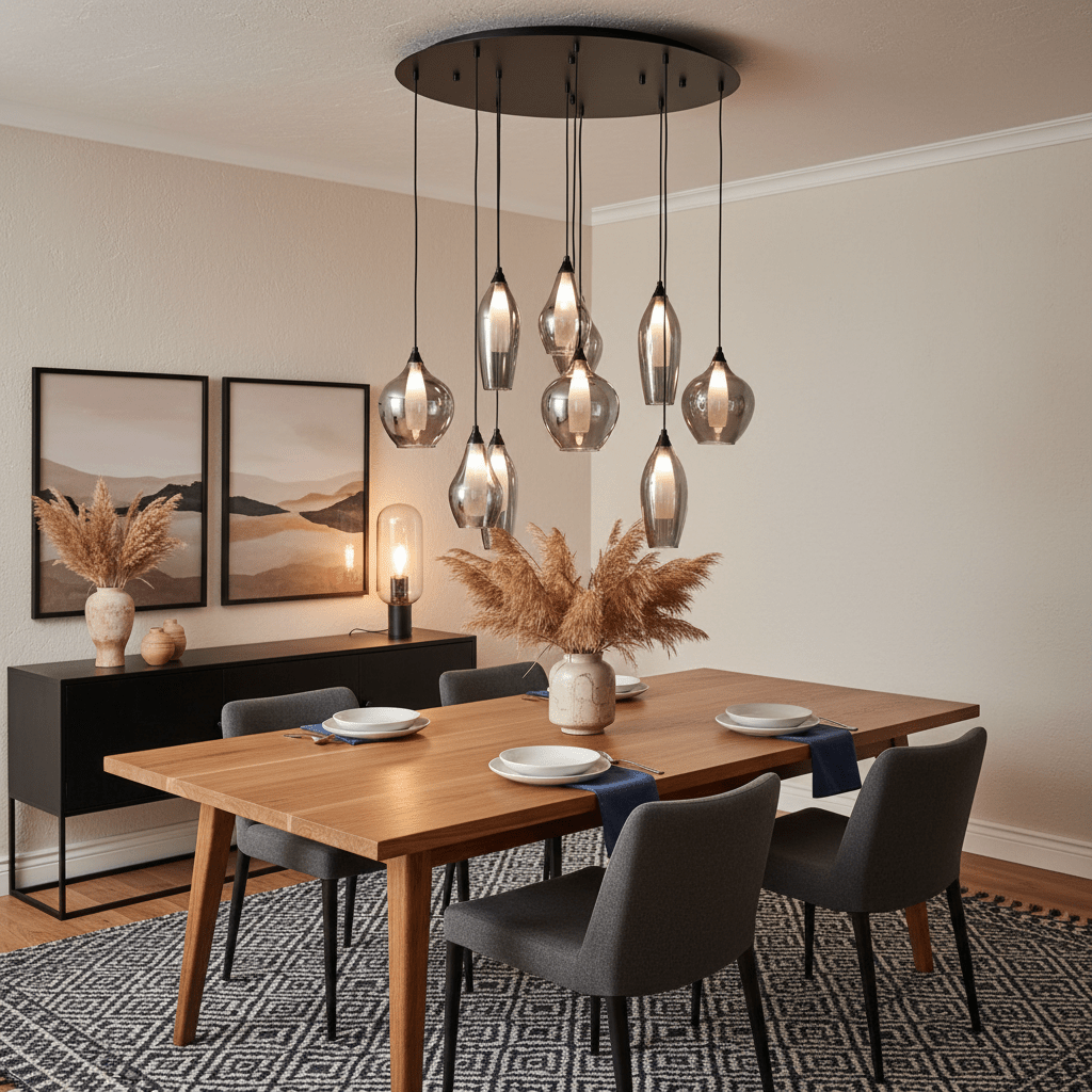 Hailo 11 Light Smoke Glass Pendant illuminating a modern dining table with decorative elements.