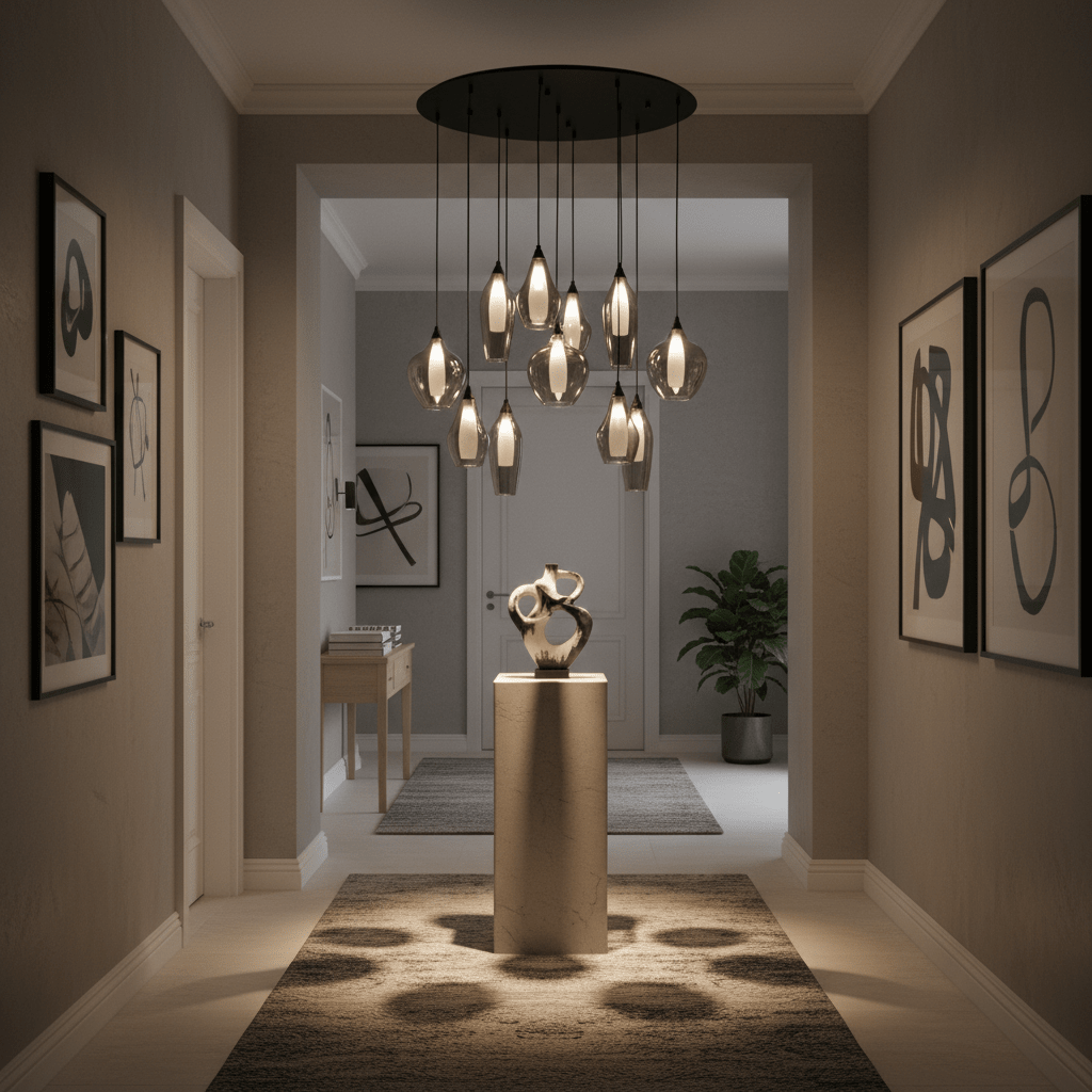 Hailo 11 Light Smoke Glass Pendant illuminating a stylish hallway with modern decor and a centerpiece.