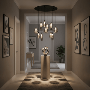 Hailo 11 Light Smoke Glass Pendant illuminating a stylish hallway with modern decor and a centerpiece.