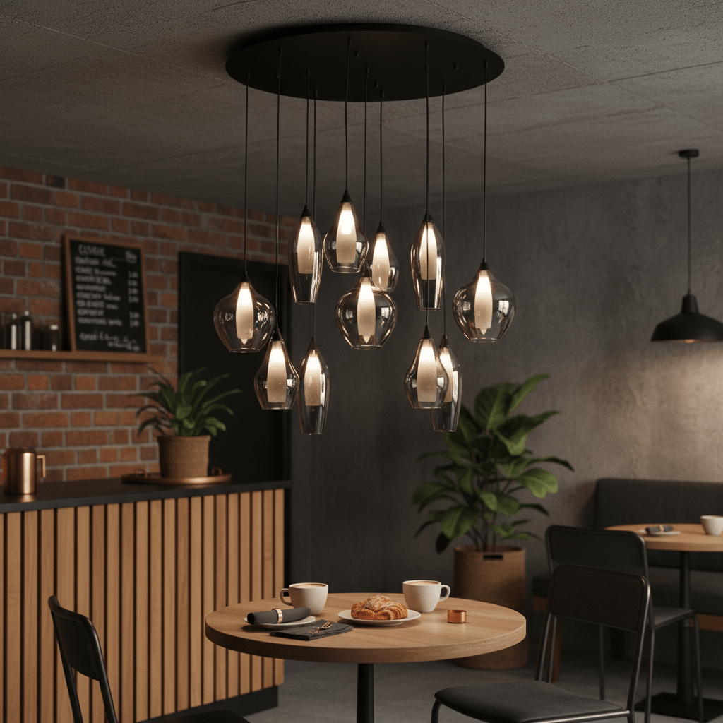 Hailo 11 Light Smoke Glass Pendant hanging over a wooden table with coffee cups and pastries in a modern cafe setting.