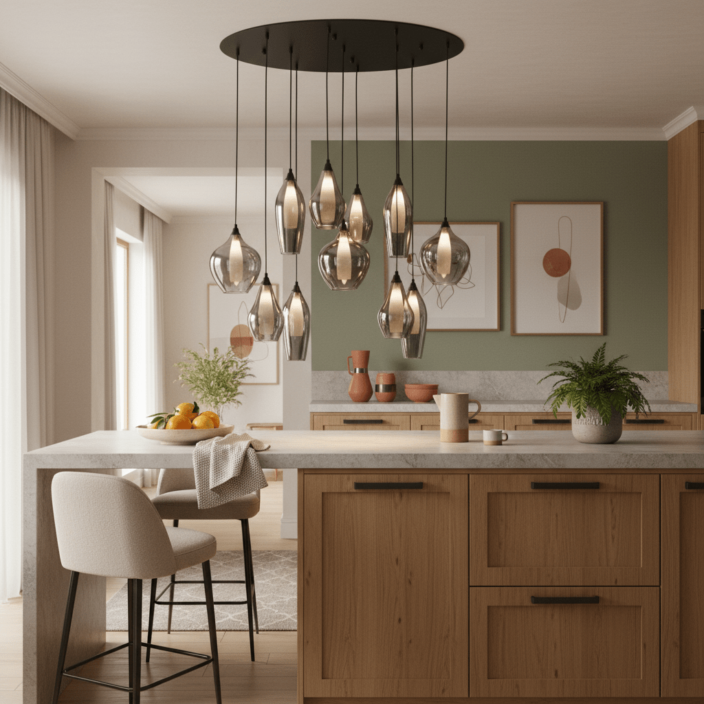 Hailo 11 Light Smoke Glass Pendant hanging over a modern kitchen island with wooden cabinetry and decorative items.