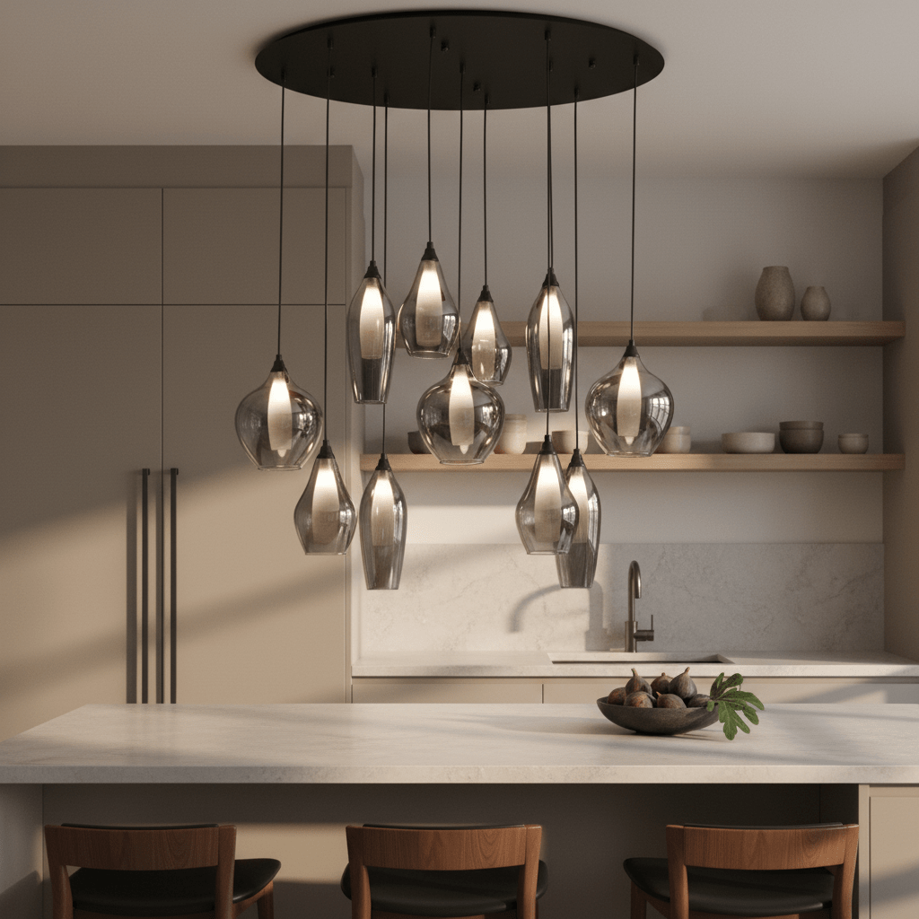 Hailo 11 Light Smoke Glass Pendant hanging above a kitchen island, showcasing its elegant design and warm lighting.