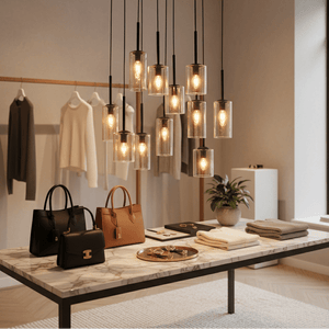 Stylish display featuring the Akroyd 11 Light Amber Glass Pendant above a marble table with handbags and clothing.