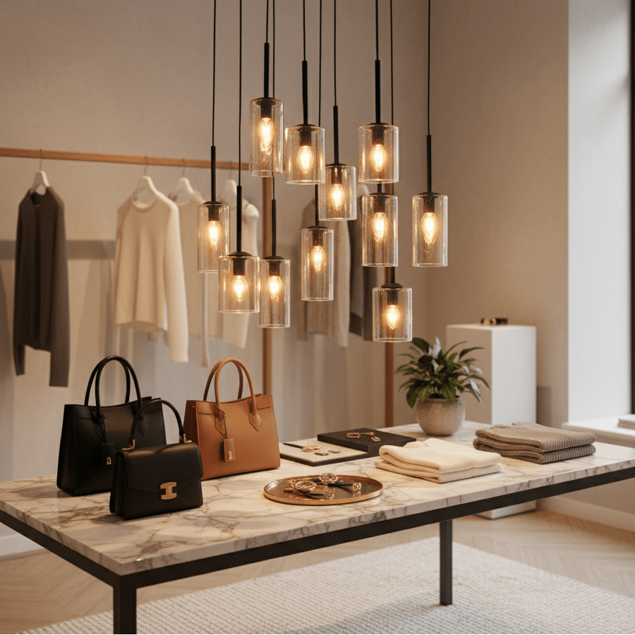 Stylish display featuring the Akroyd 11 Light Amber Glass Pendant above a marble table with handbags and clothing.
