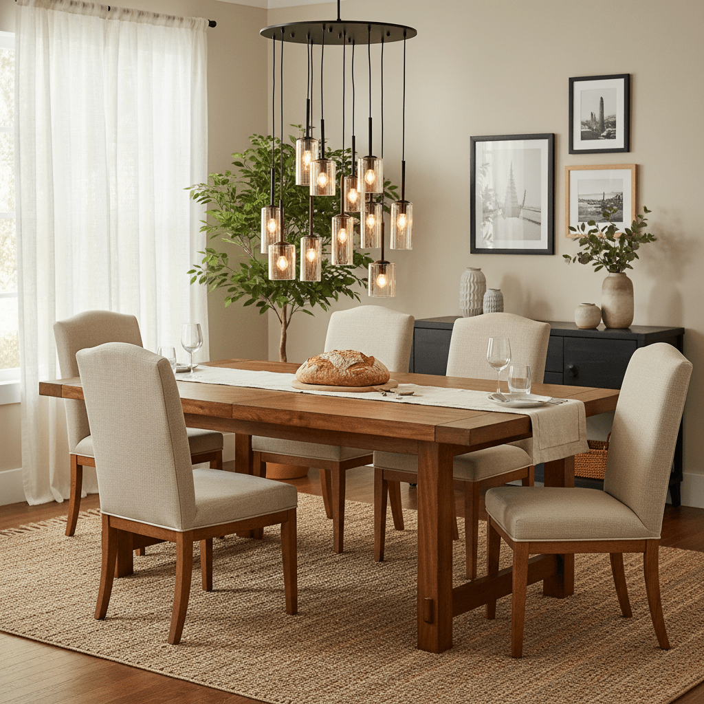 Amber glass pendant light hanging above a wooden dining table set with chairs and a centerpiece.