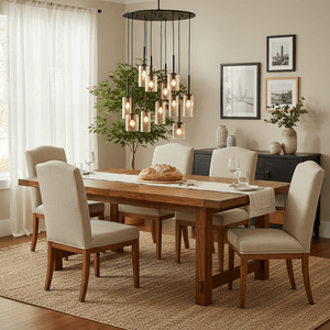 Amber glass pendant light hanging above a wooden dining table set with chairs and a centerpiece.