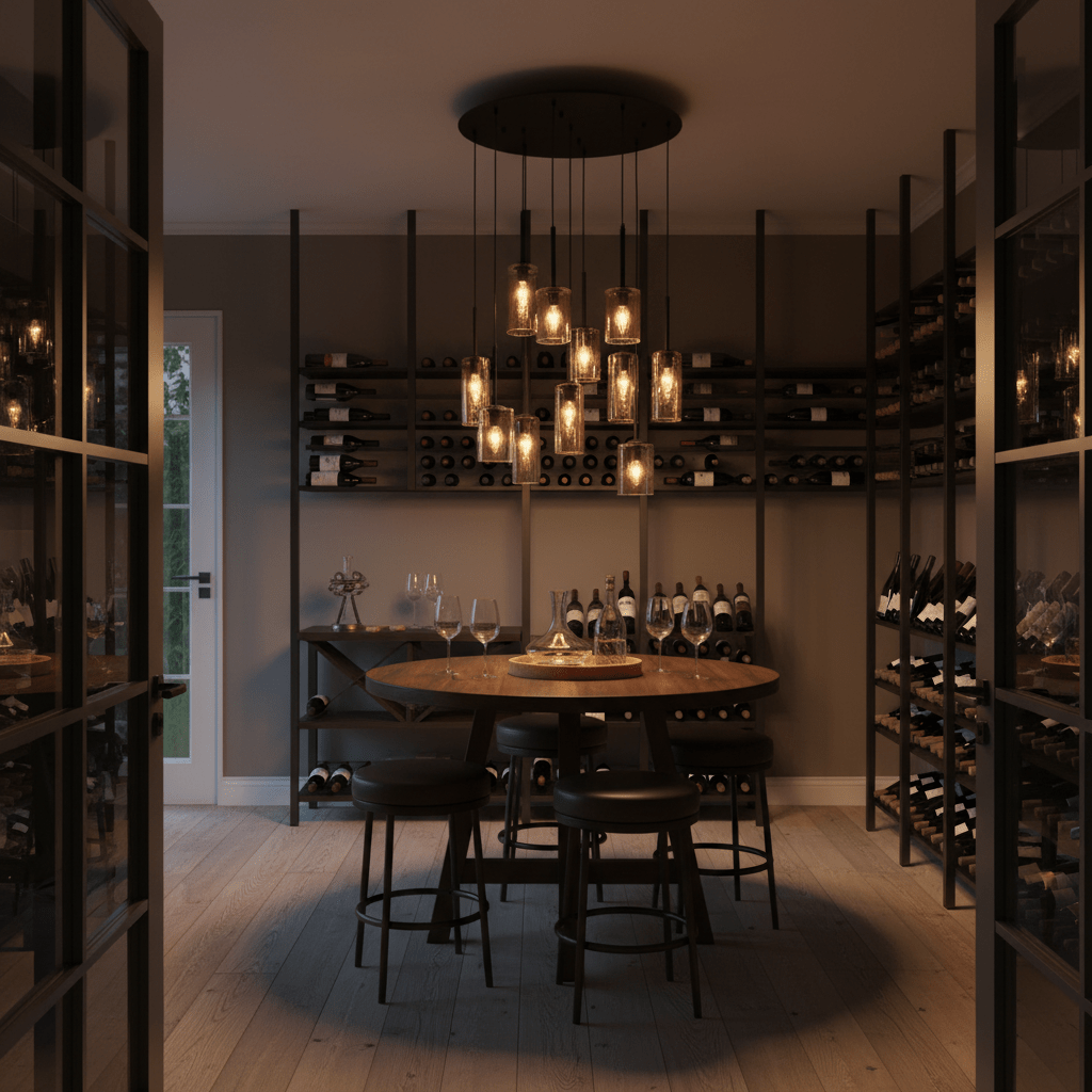 Stylish dining area featuring the Akroyd 11 Light Amber Glass Pendant above a round wooden table with wine storage.