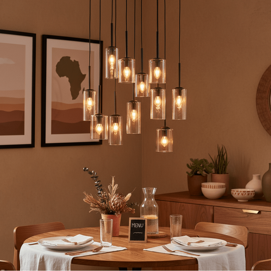Stylish dining setup featuring the Akroyd 11 Light Amber Glass Pendant above a wooden table with decorative elements.