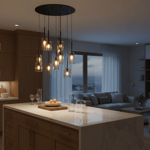 Stylish Akroyd 11 Light Amber Glass Pendant illuminating a kitchen island with warm light, surrounded by modern decor.