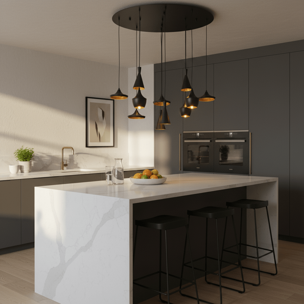 Stylish kitchen featuring the Skyfall 11 Light pendant in black and gold above a marble island with fruit bowl.