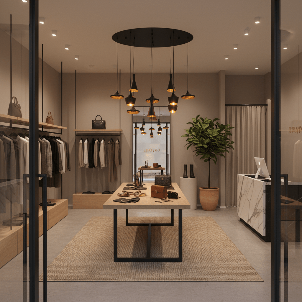Stylish retail space featuring the Skyfall 11 Light pendant above a wooden display table with clothing and accessories.