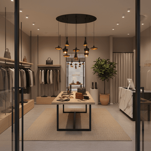 Stylish retail space featuring the Skyfall 11 Light pendant above a wooden display table with clothing and accessories.