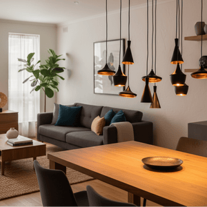 Stylish black and gold LED pendant lights hanging over a wooden dining table in a modern living space.