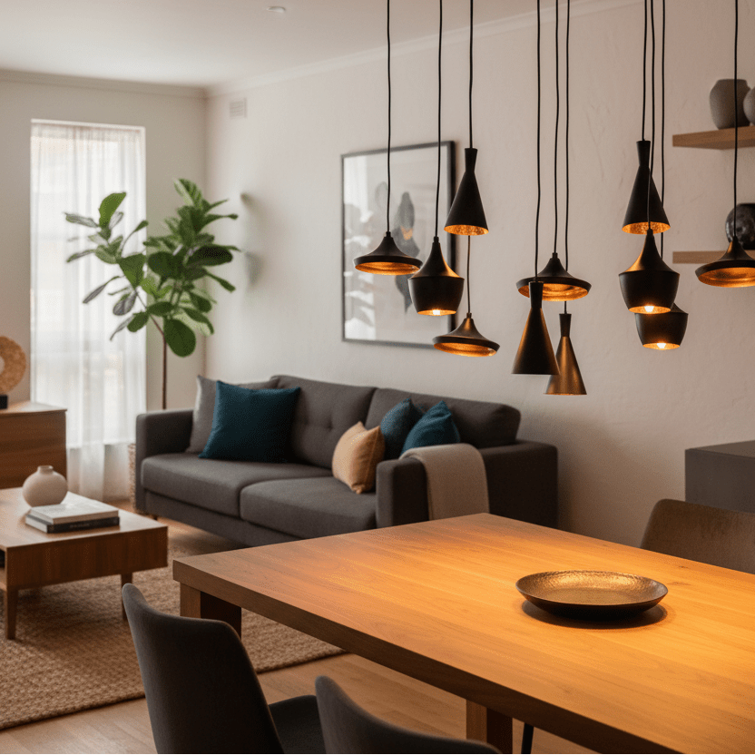 Stylish black and gold LED pendant lights hanging over a wooden dining table in a modern living space.