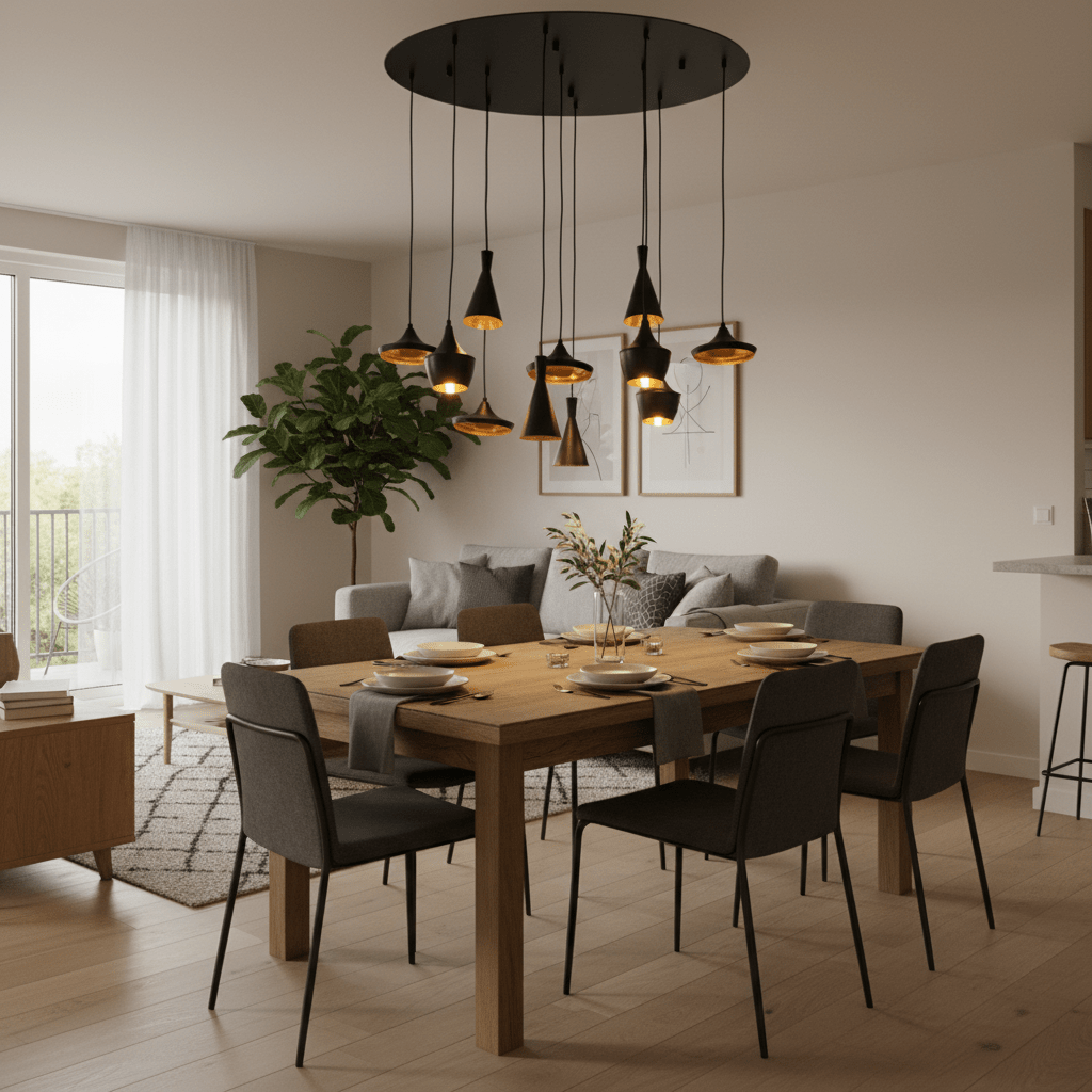 Stylish dining area featuring the Skyfall 11 Light pendant above a wooden table set for dinner.
