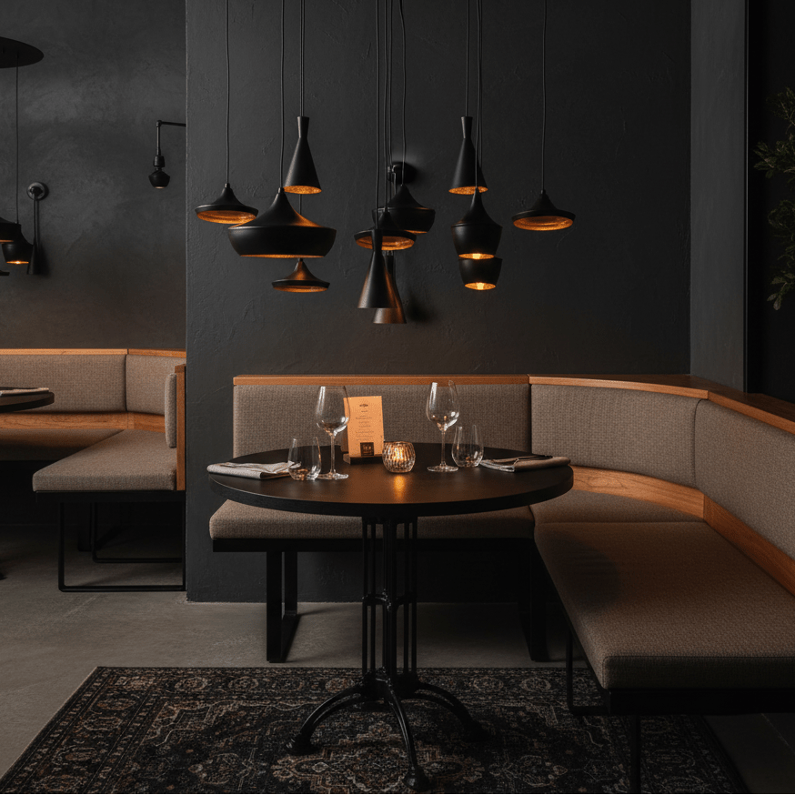 Stylish dining area featuring multiple black pendant lights above a round table with elegant glassware.