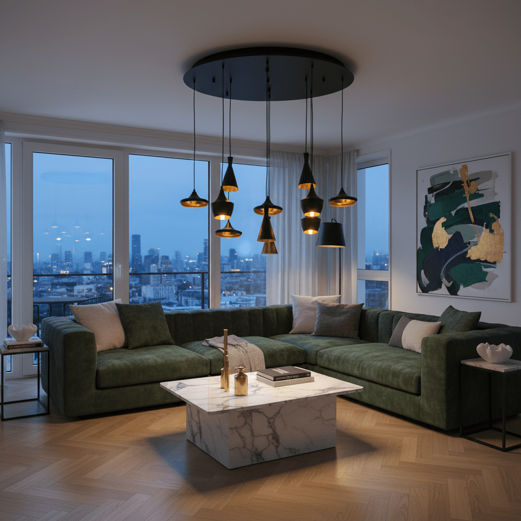 Stylish living room featuring the Skyfall 11 Light pendant above a marble coffee table and green sofa.