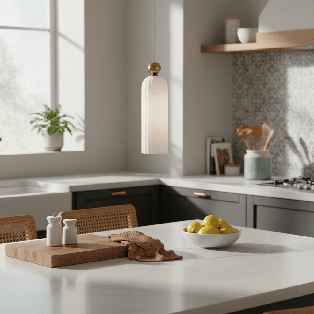 Fluted white-glass pendant light with gold trim hanging above a kitchen island with lemons and kitchenware.