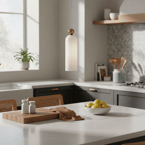 Fluted white-glass pendant light with gold trim hanging above a kitchen island with lemons and kitchenware.