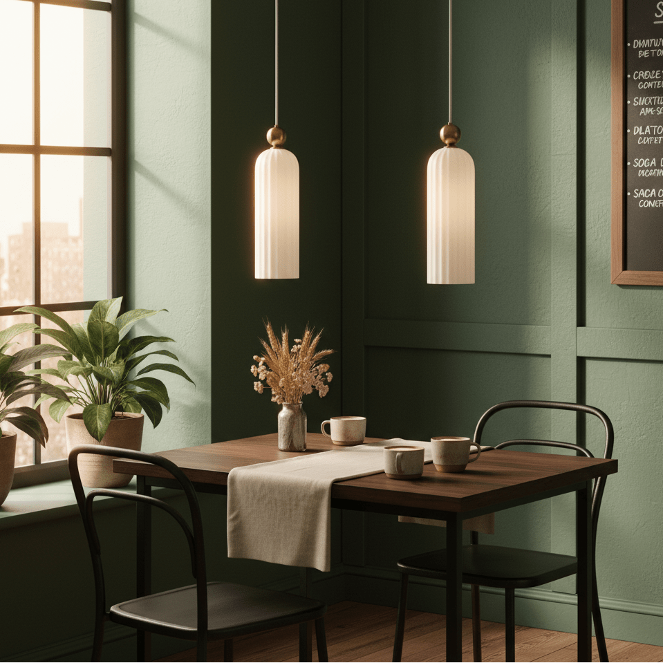 Two Antic White & Gold Pendant Lights hang above a wooden dining table set with cups and a vase of flowers.