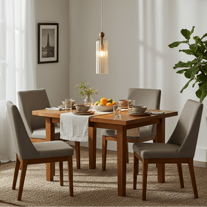 Stylish dining setup featuring a wooden table with grey chairs, a bowl of fruit, and a pendant light above.