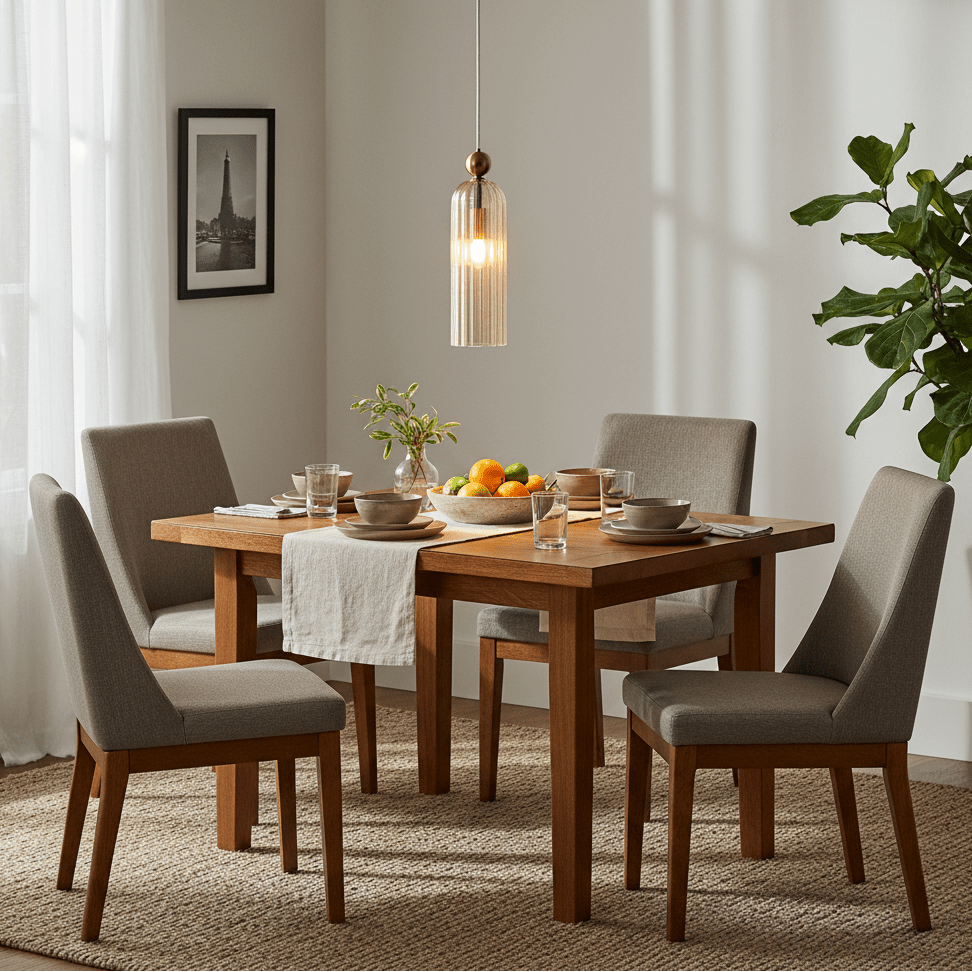 Stylish dining setup featuring a wooden table with grey chairs, a bowl of fruit, and a pendant light above.