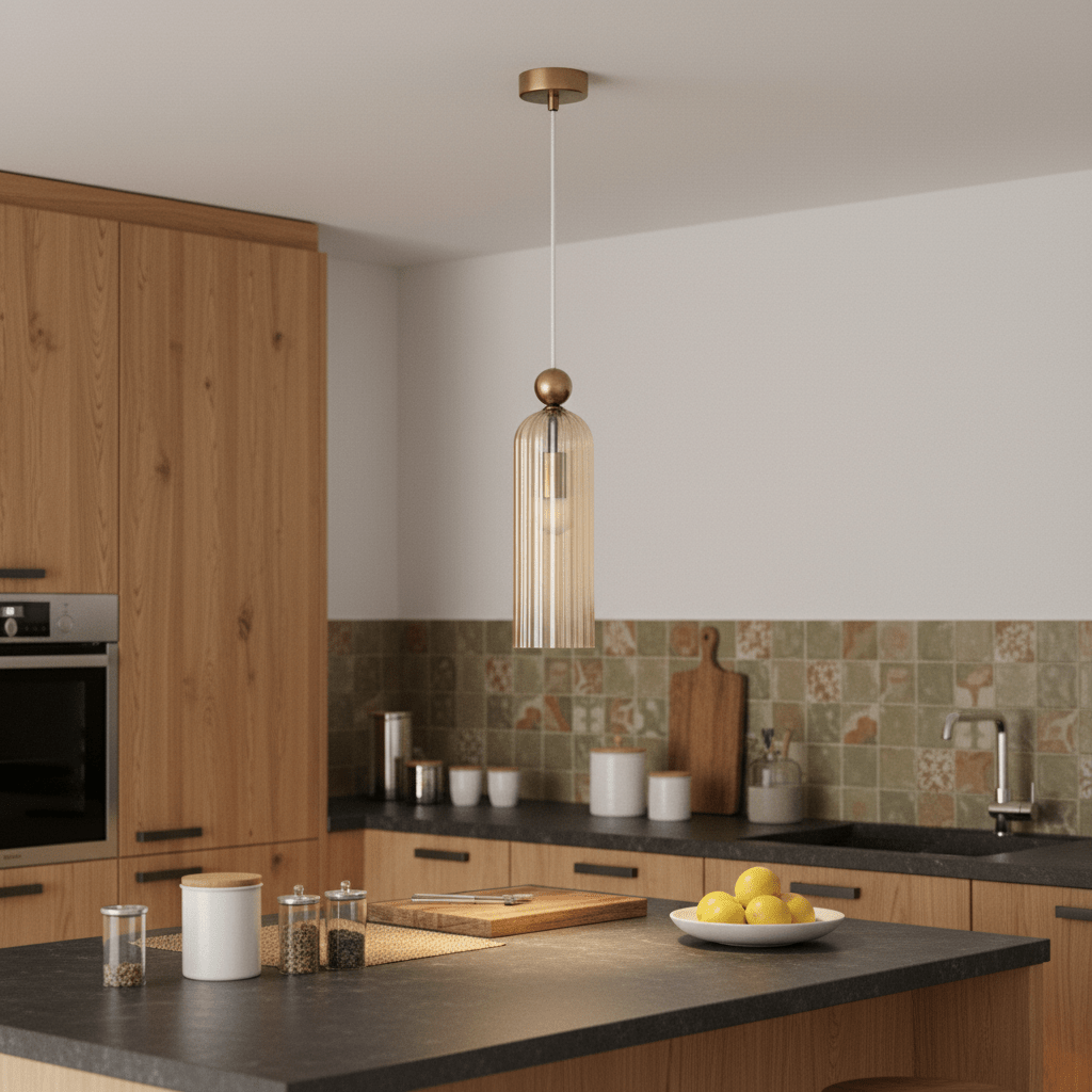 Antic Gold & Amber Pendant Light hanging above a kitchen island with lemons and kitchenware.