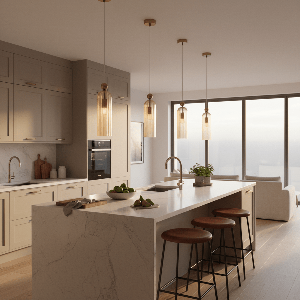 Stylish kitchen featuring multiple pendant lights with amber glass shades above a marble island.