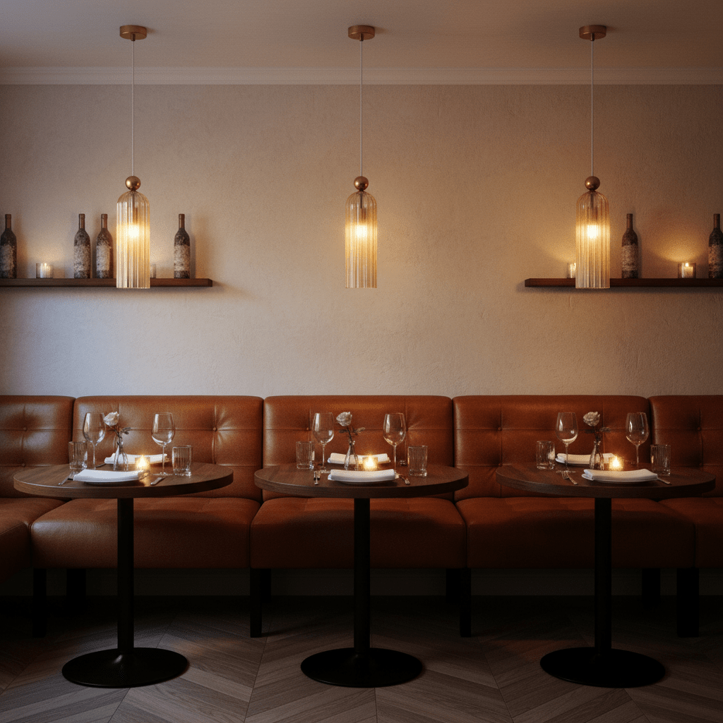 Warmly lit dining area featuring Antic Gold & Amber Pendant Lights above wooden tables with cozy seating.