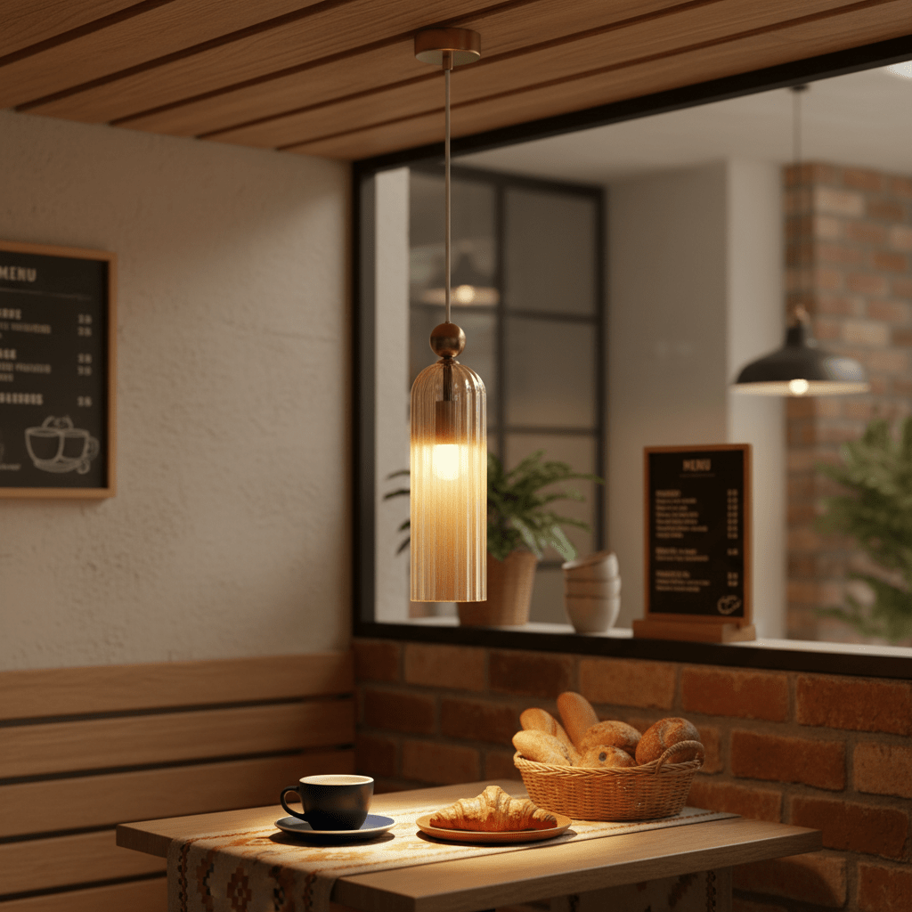 Antic Gold & Amber Pendant Light illuminating a cozy dining scene with a cup and pastries.