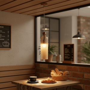 Antic Gold & Amber Pendant Light illuminating a cozy dining scene with a cup and pastries.