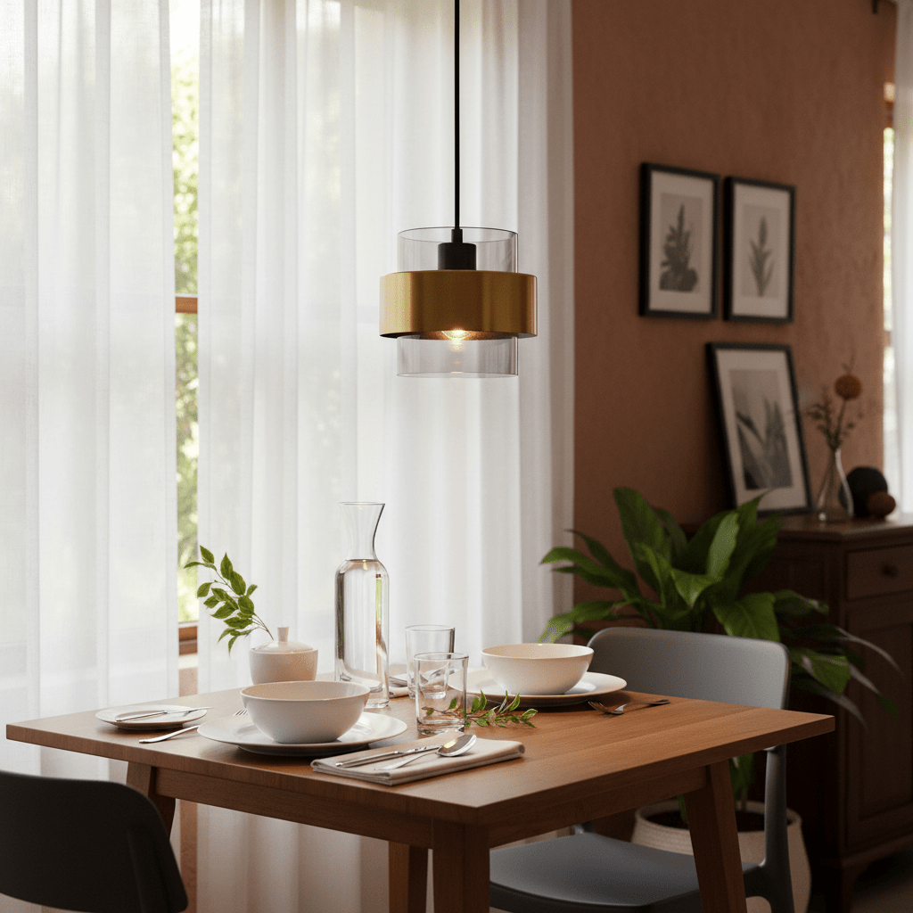 Astrid Gold Pendant Light hanging above a dining table set with white dishes and a glass carafe.