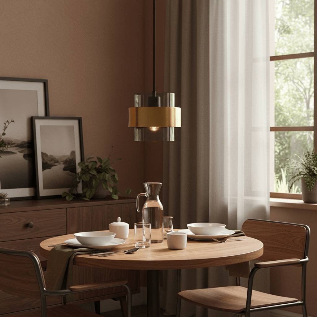 Astrid Gold Pendant Light hanging above a dining table set with dishes and a pitcher, in a cozy interior.