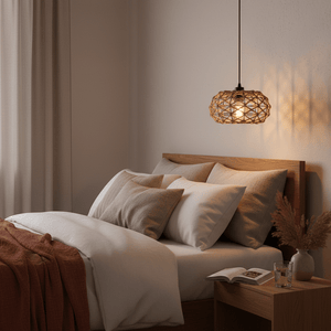 Colenso Rope Pendant Light hanging above a cozy bed with neutral bedding and decorative pillows.