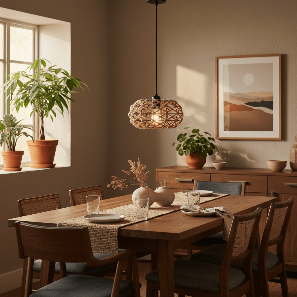 Colenso Rope Pendant Light hanging above a wooden dining table, surrounded by plants and decorative items.