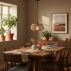 Colenso Rope Pendant Light hanging above a wooden dining table, surrounded by plants and decorative items.