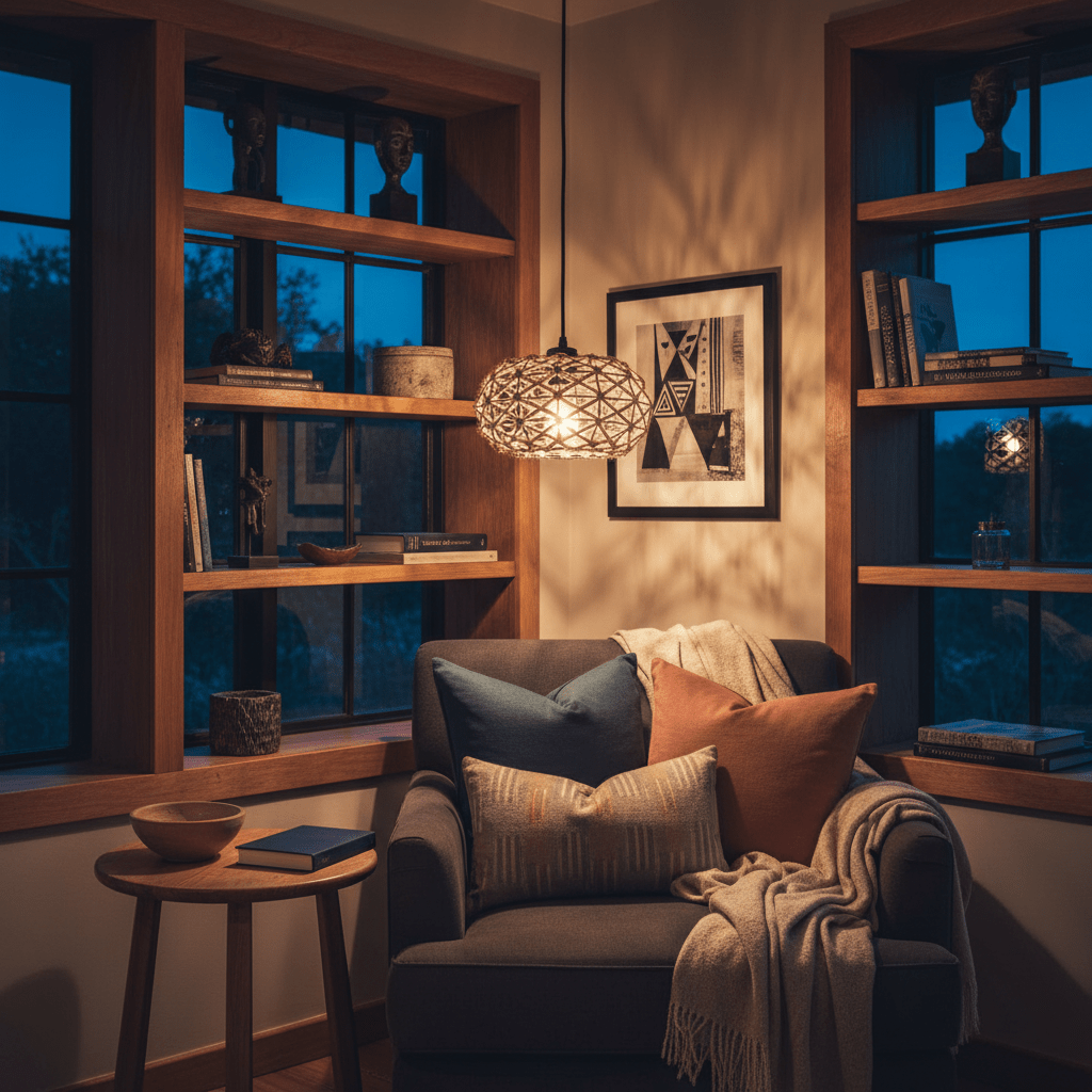 Colenso Rope Pendant Light hanging above a cozy armchair with decorative pillows and a warm throw, showcasing a stylish