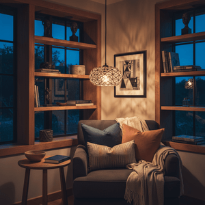 Colenso Rope Pendant Light hanging above a cozy armchair with decorative pillows and a warm throw, showcasing a stylish