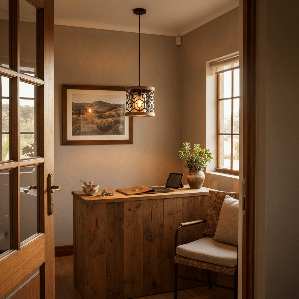 Colston Rope Pendant Light hanging in a cozy office space, illuminating a wooden desk with a plant and framed artwork.
