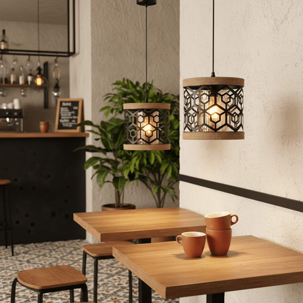 Colston Rope Pendant Light hanging above wooden tables with stacked cups in a cozy café setting.