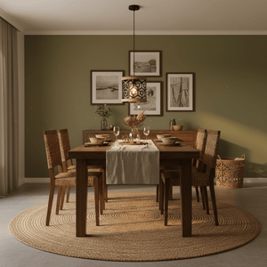 Colston Rope Pendant Light hanging above a rustic dining table set with dishes and decor in a cozy green room.