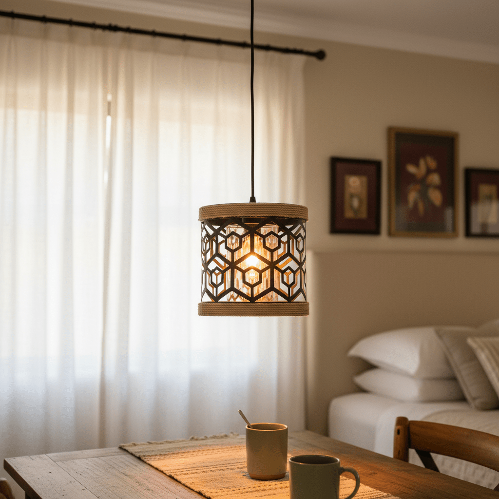 Colston Rope Pendant Light hanging above a dining table with warm amber glow, surrounded by a cozy setting.