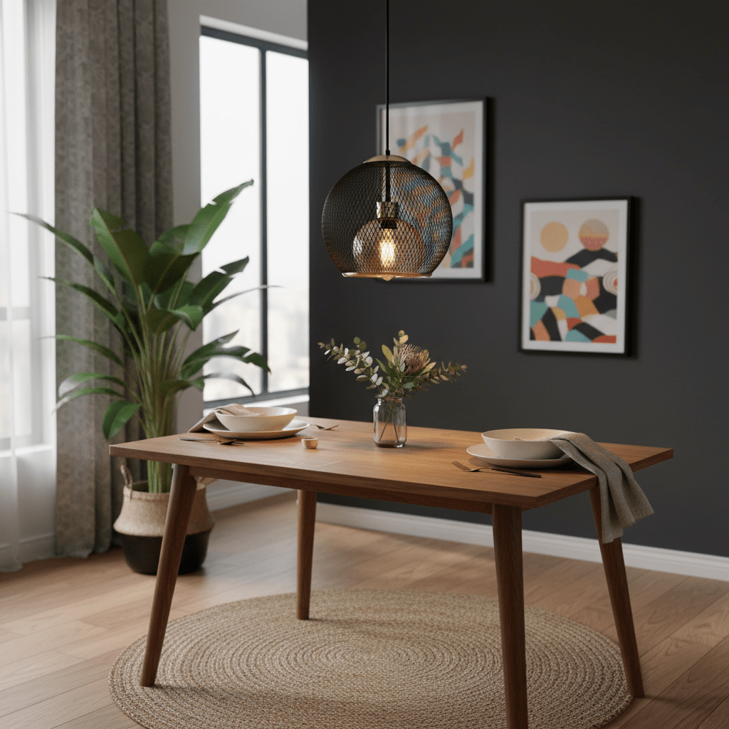 Stylish black and gold pendant light hanging above a wooden dining table set with plates and a vase of flowers.