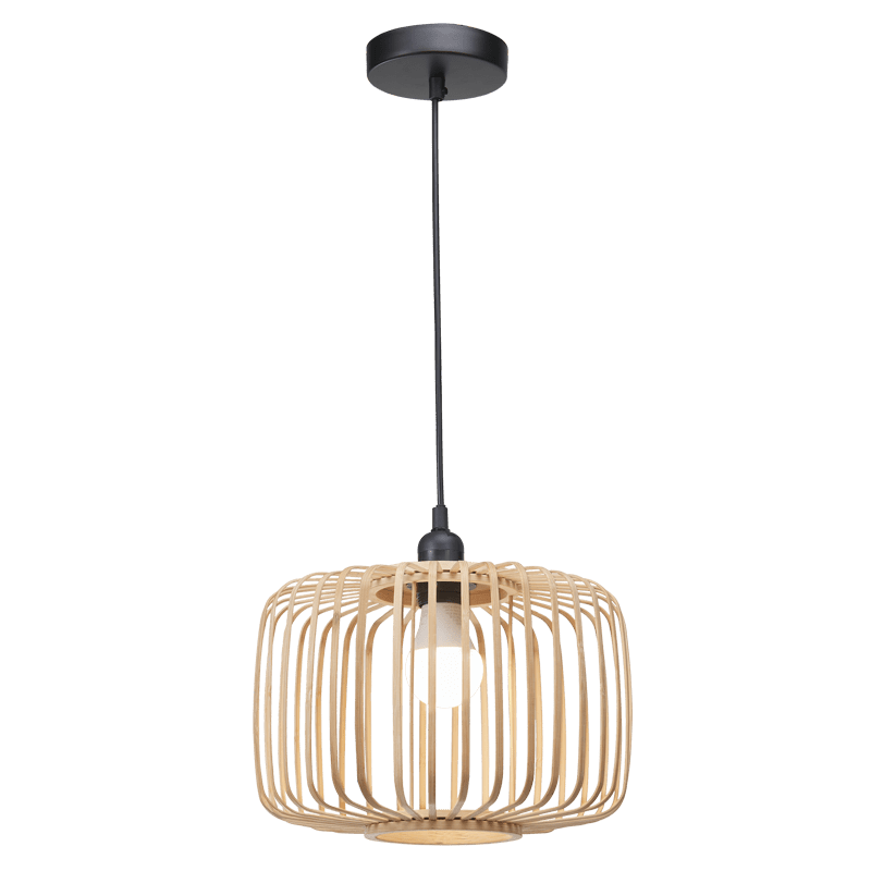 Bamboo pendant light over South African kitchen island, natural woven shade away from steam and hob area, warm 3000K ambience, realistic 800x800 interior composition